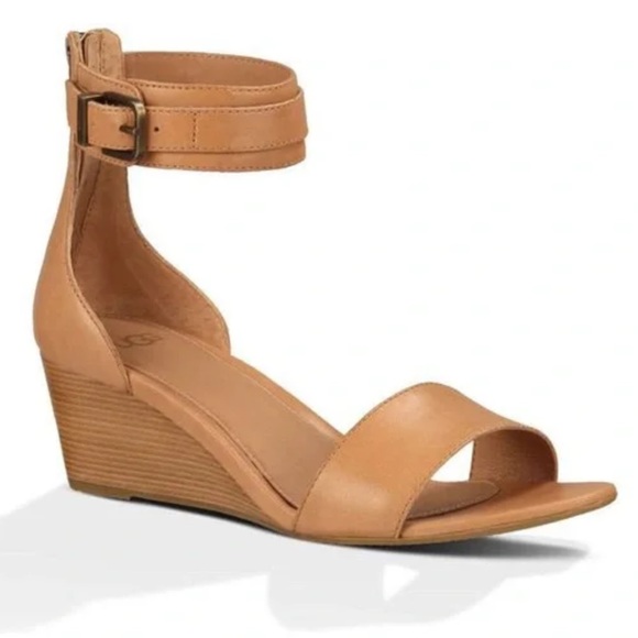 UGG Shoes - UGG Char Tan Leather Wedge Strappy Sandal Heel Size 8.5